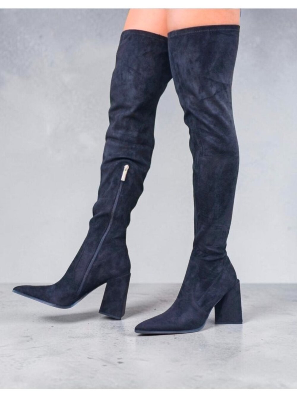 Over-The-Knee Black Faux Suede Heeled Boots With Side Zipper & Pointed Toe Women
